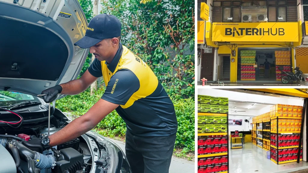 A collage of three images related to Baterihub. The left image shows a technician in a black and yellow Baterihub uniform servicing a car battery under the hood of a vehicle. The top right image displays a Baterihub retail storefront with a bright yellow sign and neatly stacked car battery products visible through the entrance. The bottom right image captures the interior of the store, featuring shelves stocked with various car battery brands in red, yellow, and green packaging.