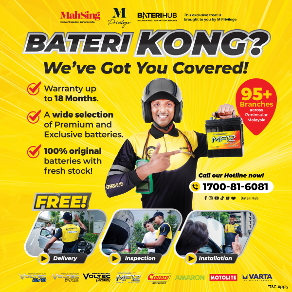 BH_Square_Poster Promotional graphic for Baterihub's battery services with the text 'Bateri Kong? We've Got You Covered!' The image features a smiling delivery person holding a car battery, highlighting services like a warranty of up to 18 months, a wide selection of premium and exclusive batteries, and 100% original batteries with fresh stock. It also promotes free delivery, inspection, and installation services with icons for each. Contact details, including a hotline number, social media icons, and logos of various battery brands, are displayed.