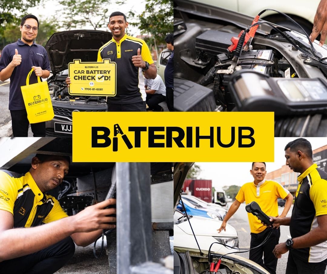 BateriHub – Reliable Car Battery Solutions with Free Check & Installation A collage of BateriHub’s car battery services, featuring a technician performing a battery check, a jumper cable connection, and a customer receiving service. The central BateriHub logo stands out in yellow and black branding.