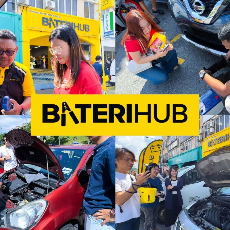 Cover Picture _ What Keeps Killing My Car Battery? Common Causes & How to Fix It Collage of people assisting with car battery checks and replacements outside a bright yellow Baterihub store. The Baterihub logo is centered on a yellow background.