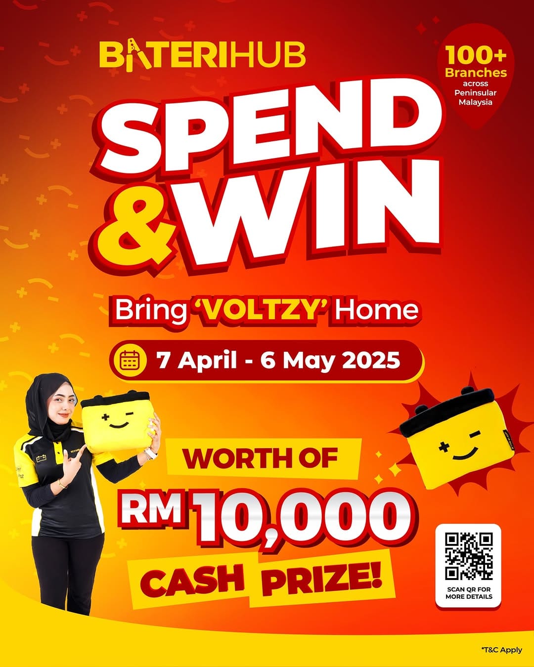 Baterihub Spend & Win Campaign – April to May 2025 Baterihub Spend & Win Contest poster featuring Voltzy plush toy, RM10,000 cash prize, and campaign dates from 7 April to 6 May 2025
