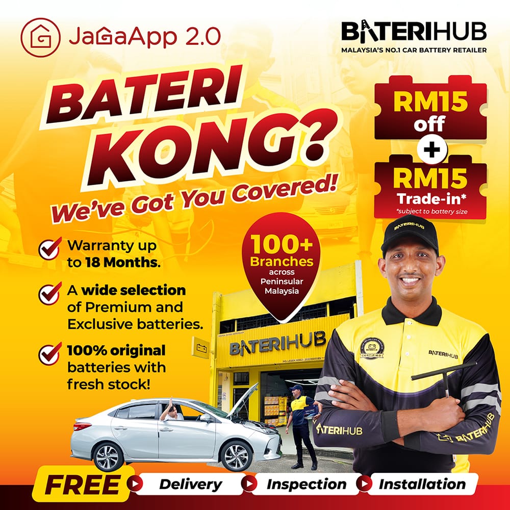 BH_E-Flyers_Square_JagaAds_1000x1000px Promotional graphic for Baterihub's battery services with the text 'Bateri Kong? We've Got You Covered!' The image features a smiling delivery person holding a car battery, highlighting services like a warranty of up to 18 months, a wide selection of premium and exclusive batteries, and 100% original batteries with fresh stock. It also promotes free delivery, inspection, and installation services with icons for each. Contact details, including a hotline number, social media icons, and logos of various battery brands, are displayed.