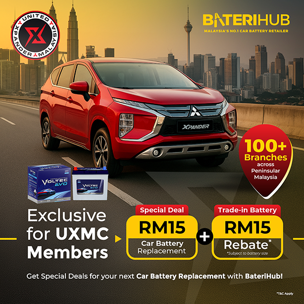 BH_x_UXMC_Poster_Square_FINAL_2 Promotional graphic for Baterihub's battery services with the text 'Bateri Kong? We've Got You Covered!' The image features a highlighting services like a warranty of up to 18 months, a wide selection of premium and exclusive batteries, and 100% original batteries with fresh stock. It also promotes free delivery, inspection, and installation services with icons for each. Contact details, including a hotline number, social media icons, and logos of various battery brands, are displayed.