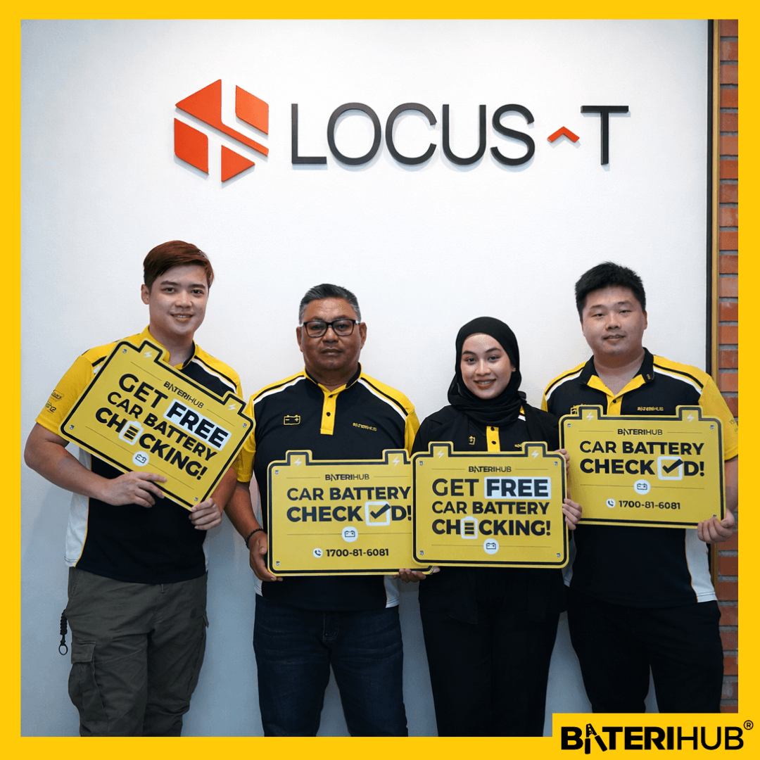 BateriHub Car Battery Health Checking Event | Locus-T | 14 June 2024 BateriHub team promoting free car battery checking at a mall booth with yellow branding, balloons, and promotional bags.
