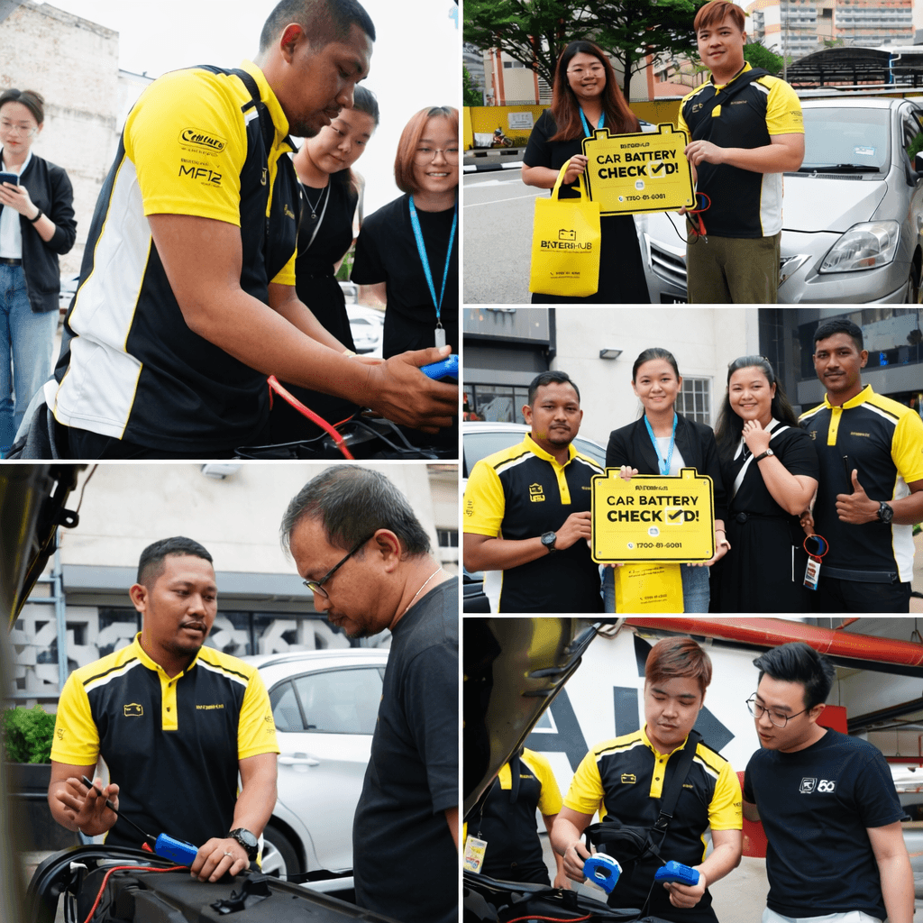 BateriHub Free Car Battery Health Check Event BateriHub technicians performing free car battery health checks and posing with participants during corporate event in Malaysia.