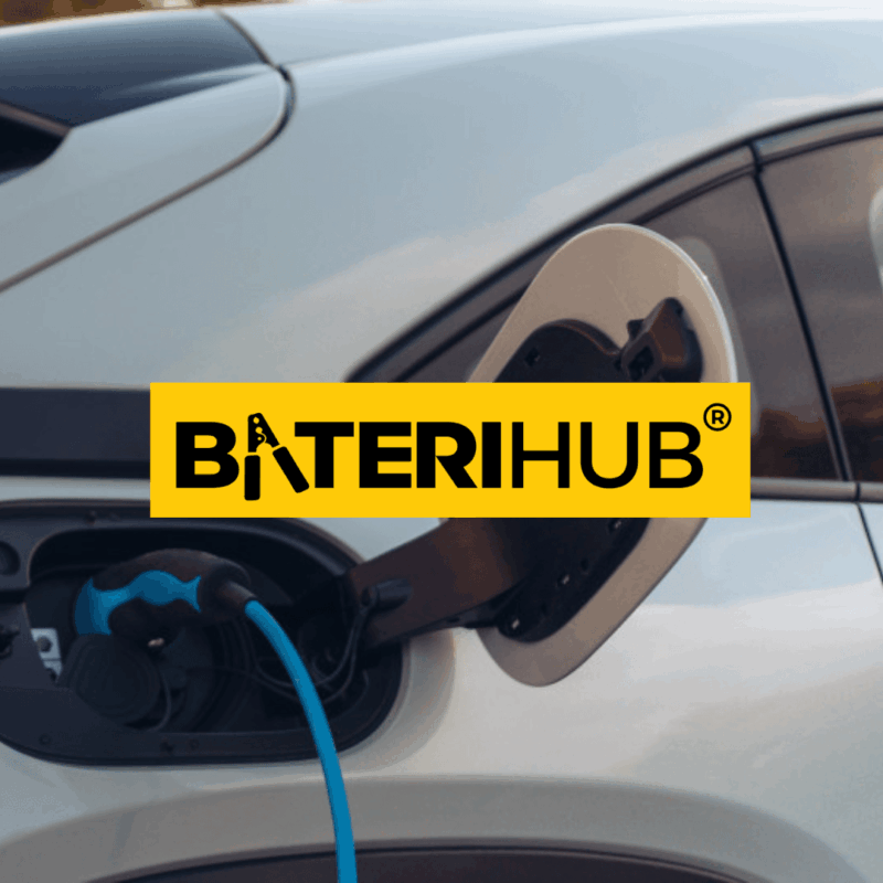 Electric vehicle charging port plugged in with BateriHub branding overlay