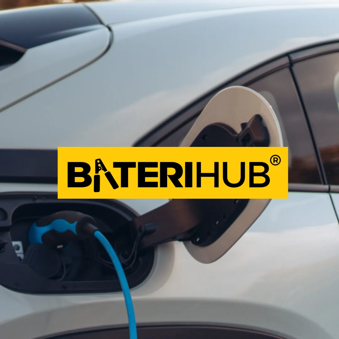 Electric vehicle charging port plugged in with BateriHub branding overlay