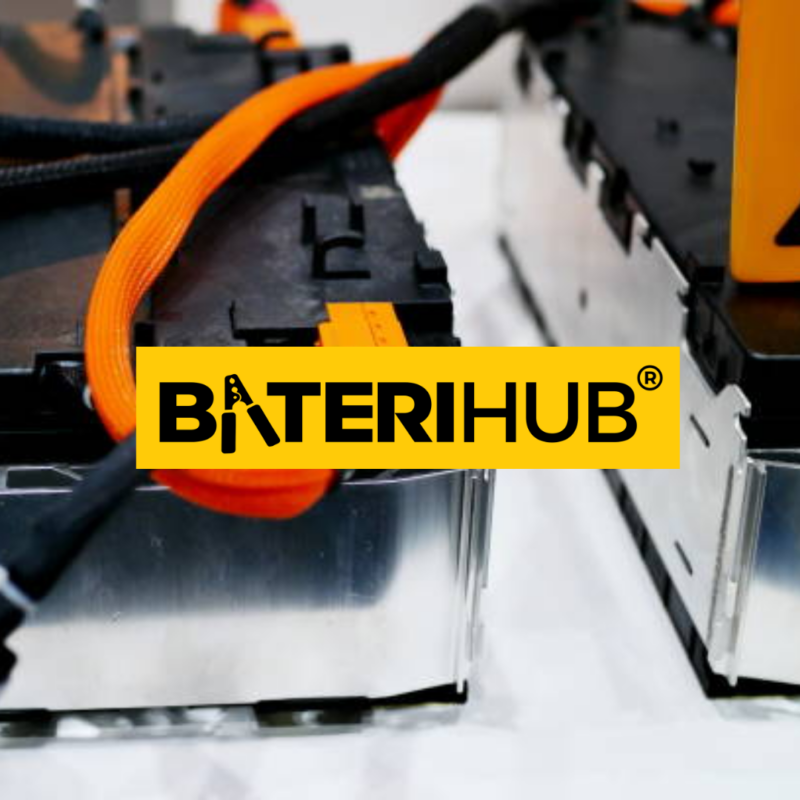 BateriHub Lithium-Ion Battery Modules Close-up of lithium-ion battery modules with connected orange and black cables, featuring the BateriHub logo.